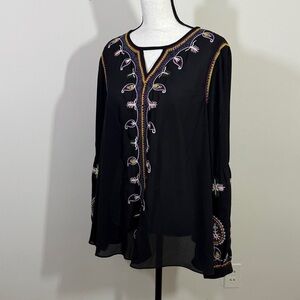 Sharagano Black Blouse sz XL  with Purple Embroidery